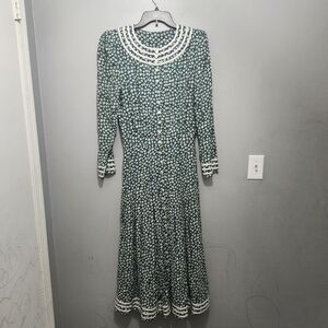 Kathie Lee Vintage Long Sleeve Button Down Floral Midi Dress Size 8 Green